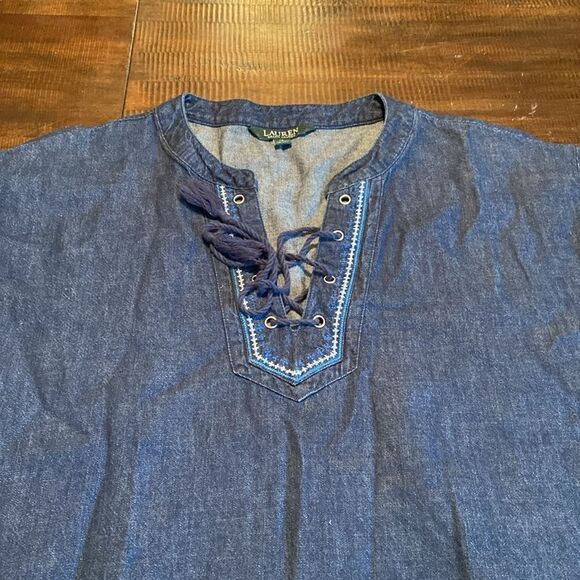 Lauren Ralph Lauren Denim Shift Dress Size 14,Lace-Up Neckline, Embroidery - Picture 6 of 10